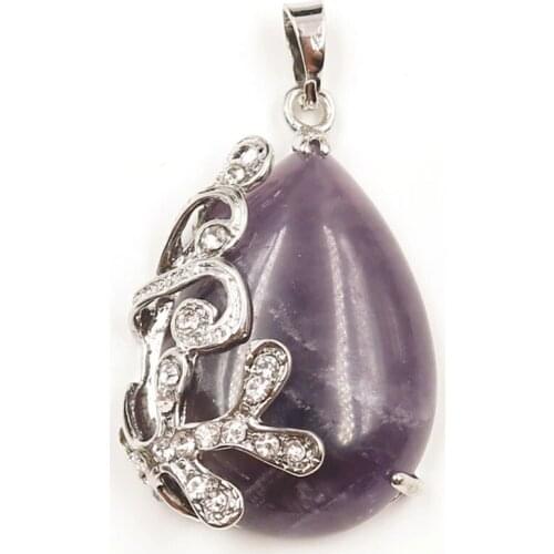 FYJS Unique Jewelry Silver Plated Rhinestone Flower Wrap Natural Purple Amethysts Stone Water Drop Pendant