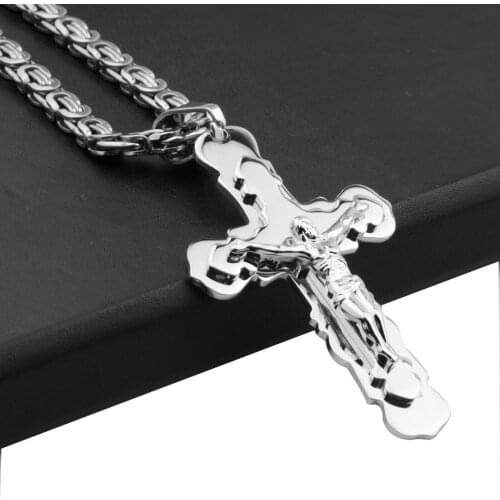 Classic Crucifix Cross Pendant Necklace Women Mens Byzantine Chain Link Stainless Steel Silver Color 18-36 inch