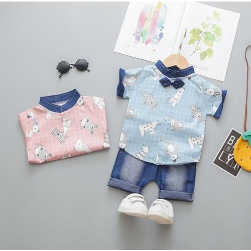 Summer Toddler Baby Boy Clothes Cartoon Print Shirt Tops Denim Short Pants 2Pcs Baby Boy Outfits