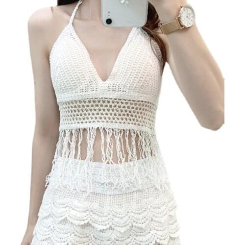 Sexy Women Padded Camis Summer Holiday Swimming Camisole Tops Women Sexy Hook Hollow Out Padded Tanks Woman Tassels Camis