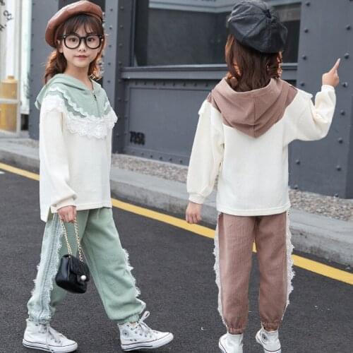 Girls Fashion Sports Clothes Set Children Lace Hooded Sweater Pants 2pcs Outfits Spring Autumn Teen Kids Cotton Tracksuits