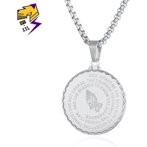 Mens Bible Verse Prayer Necklace Christian Jewelry Gold Silver Stainless Steel Praying Hands Coin Medal Pendant Necklaces Women