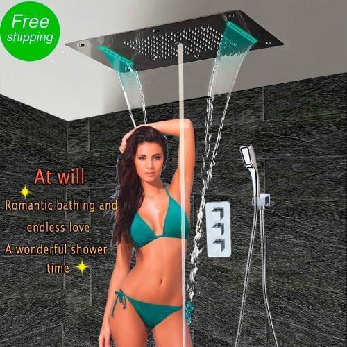 Bathroom Shower Set with LED Ceiling Shower Head Thermostatic Concealed Panel Luxury Bath Shower Waterfall Bubble Mist HF5422