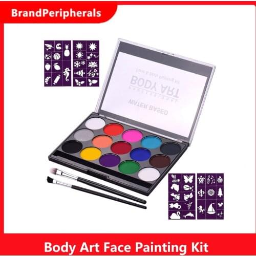 Professional Body Art Face Painting Kit Water Based Removable Body Paints 15 Colors Palette with 2 Paintbrushes and 4 Templates