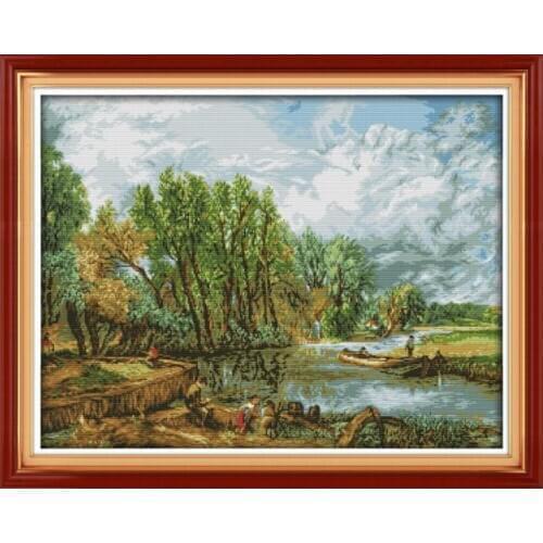 11CT 14CT counting sewing hand small riverside scenery DMC embroidery thread mesh cotton embroidered cloth cross stitch kit