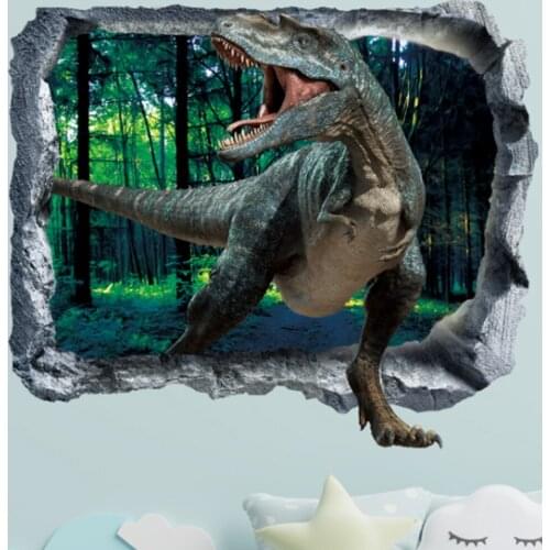 3D Broken Wall Cool Dinosaurs Wall Stickers Home Decoration Cartoon Living Room Jurassic Period Animals Decal