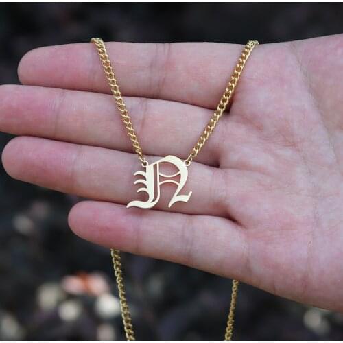 Personalized Old English Initial Necklace Stainless Steel Gold Figaro Chain Custom Alphabet Pendant Necklace Birthday Gift