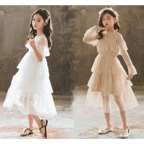 Girls Princess Dress Lace Shoulder Off Sleeve Big Girls Mesh Dress Children Clothing New Pink White 4-12Y
