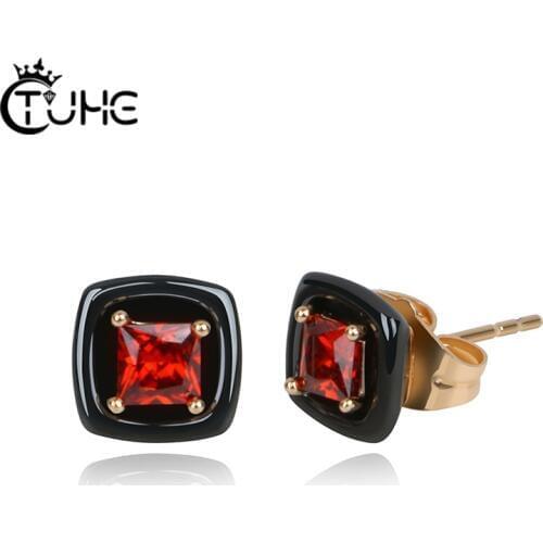 Square Red Crystal Stud Earrings For Women Female Black Health Never Lose Color Ceramic Earrings Fashion Jewelry Gift