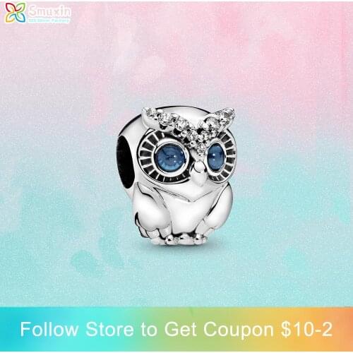 Smuxin 925 Sterling Silver Beads Cute Sparkling Owl Charms fit Original Pandora Bracelets for Women Jewelry Making Girl Gift