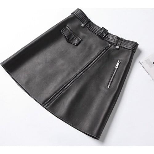 Womens Genuine Leather Skirt Real Natural Skeepskin High Waist Office Ladies Work Wear Vintage A-Line Mini Short Skirts Female