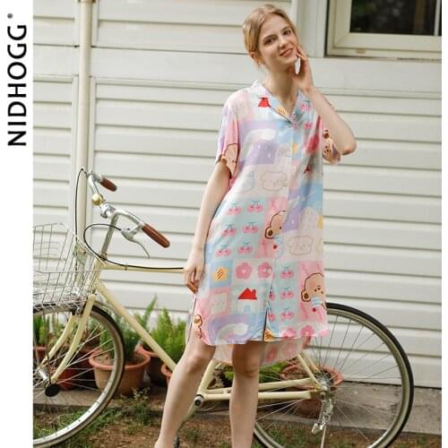 2021 Women Pyjama Short-sleeved Skirt Bear Nightgowns Viscose Cartoon Sexy Nightwear Summer Cardigan Night Dress Home Clothing