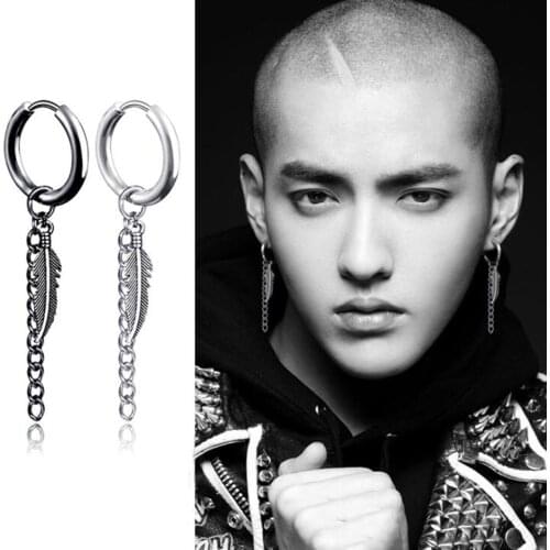 Stainless Steel Feather Tassel Pendant Earrings For Women Men Black Color Hoop Huggie Earrings Small Circle Ear Ring Jewelry