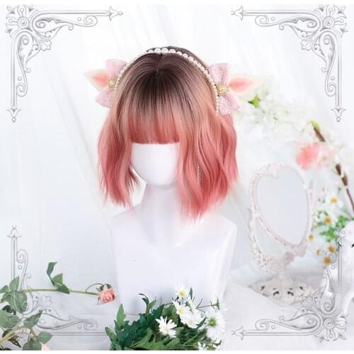 Female Short Wavy Black Golden Pink Gradual Change Bangs Wig Women Curly Wigs Lolita Cosplay Party