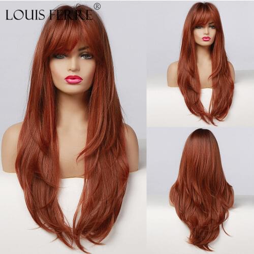LOUIS FERRE Red Brown Wig Womens Dark Brown Fake Hair Long Fluffy Curly Wavy Wigs with Bangs Heat Friendly Synthetic Party Wigs