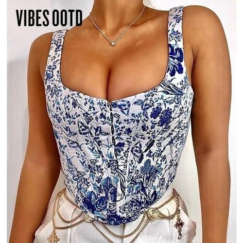 VIBESOOTD Summer 2021 Woman Tops Blue And White Porcelain Vest Square Collar Slim Short Tank Top Hidden Breasted Zipper Tops