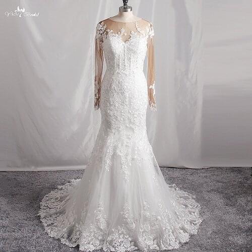 LZ449 Vintage O-Neck Long Sleeve Lace Mermaid Dress Beaded Zipper Wedding Dress Show Figure Vestidos De Novia