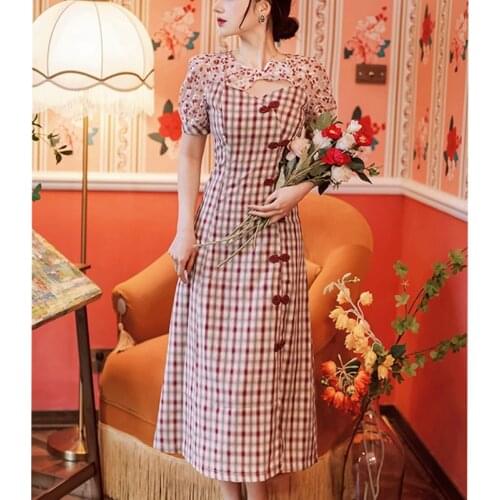 Elegant Chic Cheongsam Women Summer 2021 New Chinese Qipao Robe Ladies Chiffon Floral Bow Hollow Slim Sexy Vintage Dress