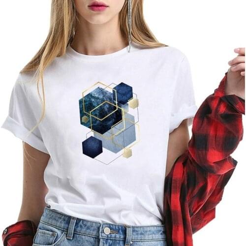 Irregular Geometry Print Funny T Shirt Women Short Sleeve Round Neck White Summer Tee Shirt Femme Casual Loose Tops Clothes
