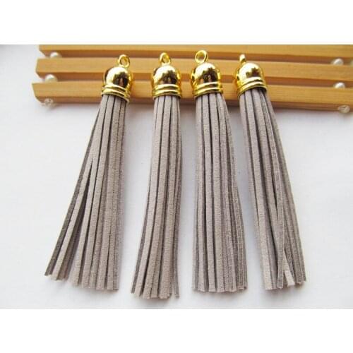 Free Shipping 100Pcs 90mm Light Grey Suede Leather Jewelry Tassel For Key Chains/ Cellphone Charms Top Plated End Caps Cord Tip