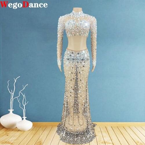Sparkly Silver Rhinestone Mirror Transparent Long Skirt Women Birthday Pearl Dress Singer Outfit Set