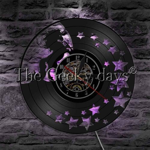 Glitter Unicorn With Starry Vinyl Record Wall Clock Girl Room LED Hanging Lamp Magical Unicorn Home Decor Horse LED Night Light