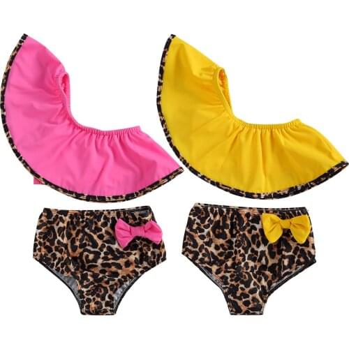 Citgeett Summer Kids Baby Girls Swimsuit Suit Ruffled One Shoulder Leopard Print Shorts Beach Clothing Set