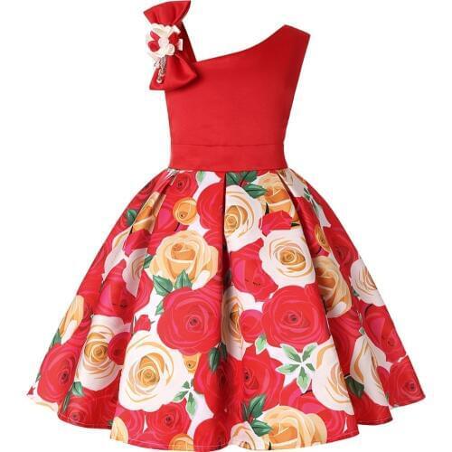Kids Dresses for Girls Flower Dresses for Girls Christmas one-shoulder Clothing Dress Princess Brithday Wedding Party Bow Dress
