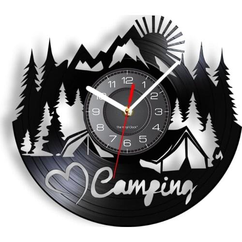Camping Gramophone Record Wall Clock Natural Scenery Unique Music Retro Gift For Bedroom and Outdoorsy People RV Home Decoration