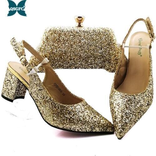 2019 Newest style Gold color African shoe and bag set Mid heel italian design shoe with matching bag best selling ladies