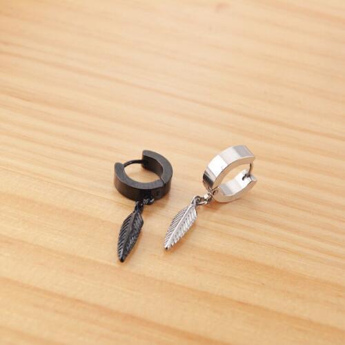 Korean Feather Pendant Male Earrings Stainless Steel Trend Simple Hoops 4mm wide Punk Black Gold
