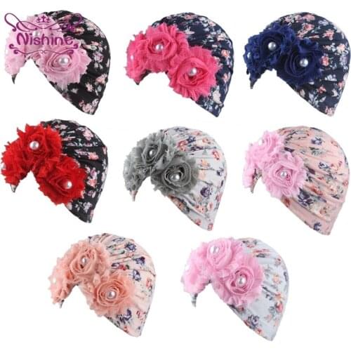 Lovely Handmade Sun Flowers Toddler Hats with Pearl Vintage Floral Pattern Baby Girls Indian Caps Comfortable Soft Infant Turban