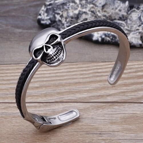 Stainless steel skull jewelry punk woven leather bracelet mens bracelet