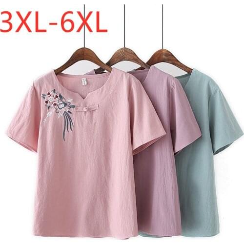 New 2021 Ladies Summer Plus Size Tops For Women Large Short Sleeve Loose Cotton Blue Floral Embroidery T-Shirt 3XL 4XL 5XL 6XL
