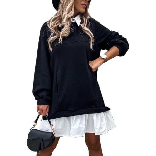 2021 Women Dress White Neck Long Sleeve Solid Three Color Turn Down Collar Party Autumn Winter Loose casual Pocket Dress