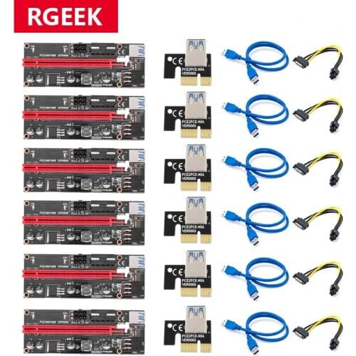 6pcs Newest VER009 USB 3.0 PCI-E Riser VER 009S Express 1X 4x 8x 16x Extender pcie Riser Adapter Card SATA 15pin to 6 pin Power