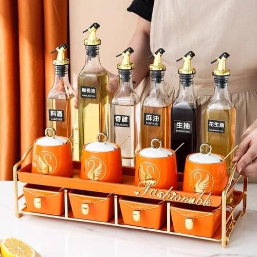 Luxury Seasoning Bottle with Rack Kitchen Storage Spice Jar Creative Ceramic Oil Bottle Condiment Set with Holder for Hotel