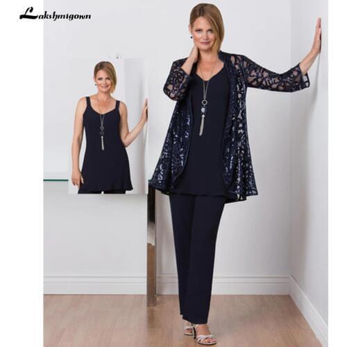 Modest Mother of the Bride Dresses Pant Suit with Lace Jacket Chiffon Tunic Three Pieces Mother of Groom Dress Formal Dark Navy