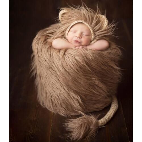 2 Pcs Baby Props Lion Hat Tail Set Newborn Photography Costumes Boys Girls Photo Shooting Handmade Knitted Clothes