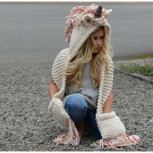Fashion 3-10 Years Girls Unicorn Scarf Handmade Kid Winter Hat Wrap Unicorn Caps Cute Autumn Warm Children Wool Knitted Scarves