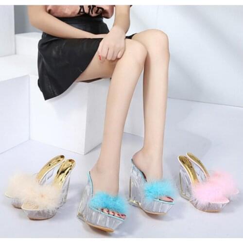Female Thick Bottom Super High Heel 14cm Slipper High Transparent Special-shaped Crystal Shoes Platforms Slope Sandals 5 style
