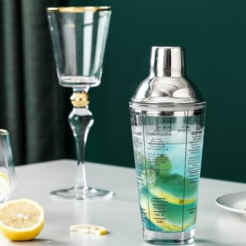 Glass Shaker Cocktail Scale Bar Shakers Cup Wine Mixer Fruit Juice Cup Water Bottle Stainless Steel Bartender Tool Free Shipping