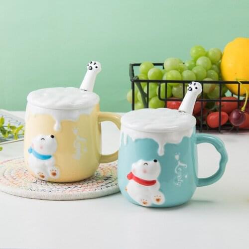 Creative Relief Cute Little Milk Dog Mug Cartoon Home Office Ceramic Cup with Lid Spoon Cup Student Lovers Water Cup Coffee