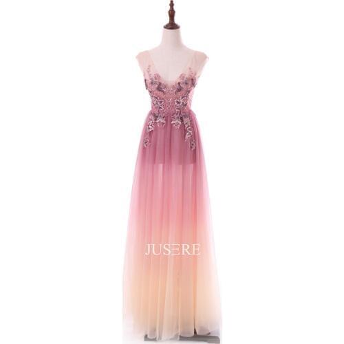 Graduated color V-neck A-Line Evening Dress beading Lace Prom Dress with Sweep Train Party dress in Stock