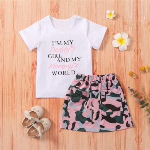 1-6 Years Girls Pink Camouflage Outfits Unique Letter Short Sleeve T-Shirt And Camouflage Short Skirts Girls Summer Clothing Set