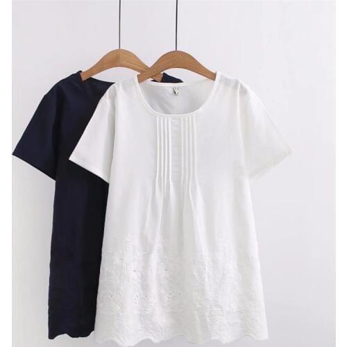 Plus size cotton Embroidered women summer t shirt 2018 ladies short sleeve O-Neck tee shirts femme white & dark blue t-shirt 4XL