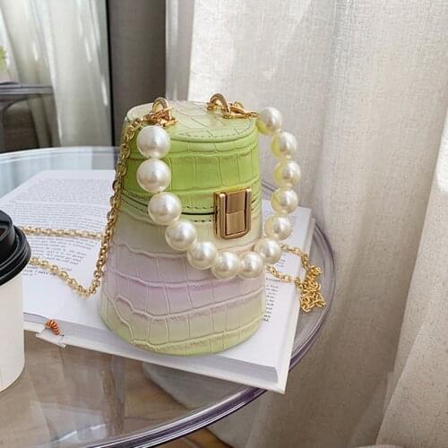 Fashion Women Pearl Bucket Bags Designer Yellow Purple Blue Small Handbags and Purse Female Chain Mini Shoulder Bag Party Clutch