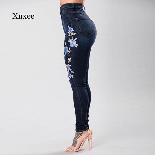 Rose Pattern Denim Leggings Stretch Embroidered Flower Jeans for Women Elastic Blue Pantalon Femme Jeans Female Pencil Pants