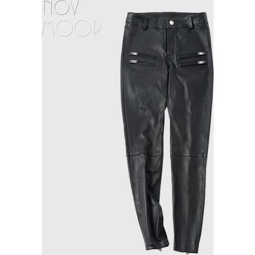 Novmoop office lady winter black medium waist high elastic sheepskin genuine leather pencil pants pantalones spodnie LT2975