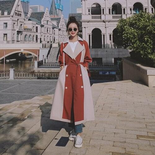 Womens Trench Coat Spring Autumn Double-Breasted Super Long Ladies Cloak Loose Stitching 100% Cotton Lining Windbreaker Female